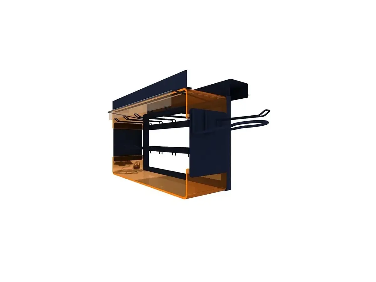 3D render of a custom navy and orange checkout lane display with wire product racks and side accessory hooks